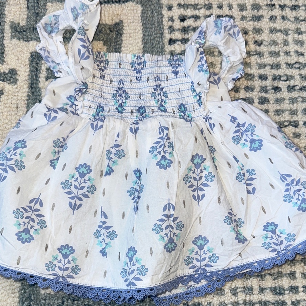 Haute Hippie White Floral Smocked Tank with Blue Trim